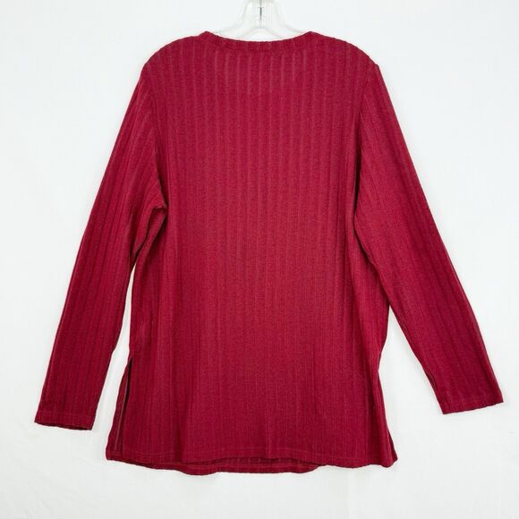Women’s Red Ribbed Long Sleeve Tunic Top Size L Stretch Knit w/ Side Slits - Picture 2 of 16